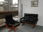 1960s Norwegian Teak & Black Leather 2 Seater Sofa with matching Swivel / Recliner 