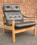 Danish Pine & Brown Leather Reclining Armchair by Soren Nissen & Ebbe Gehl 