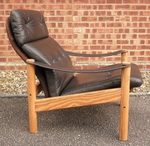 Danish Pine & Brown Leather Reclining Armchair by Soren Nissen & Ebbe Gehl 