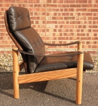 Danish Pine & Brown Leather Reclining Armchair by Soren Nissen & Ebbe Gehl 