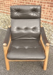 Danish Pine & Brown Leather Reclining Armchair by Soren Nissen & Ebbe Gehl 