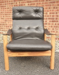 Danish Pine & Brown Leather Reclining Armchair by Soren Nissen & Ebbe Gehl 