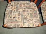 Danish Teak Dining Chairs - Egyptian hieroglyph patterned fabric