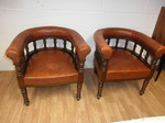 Pair of Victorian Library Club Chairs - mahogany & leather