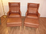Tan Leather Wing Back Armchairs & Footstools