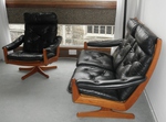 1960s Norwegian Teak & Black Leather 2 Seater Sofa with matching Swivel / Recliner Armchair