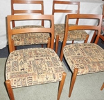Uldum/Johannes Andersen Teak Dining Chairs - Egyptian hierogliph patterned fabric